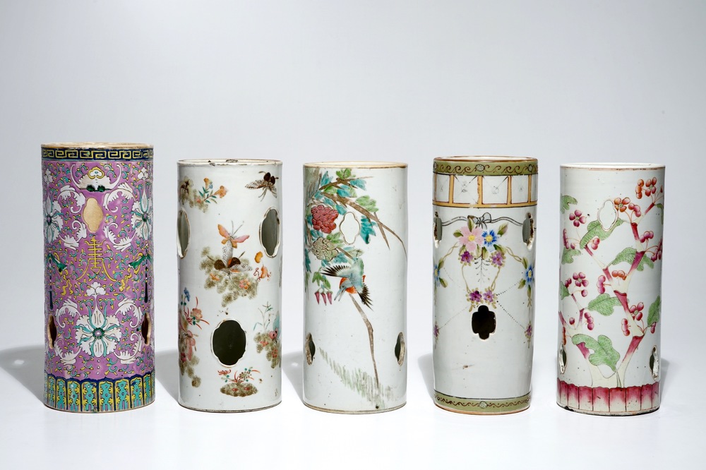 Five Chinese famille rose and qianjiang cai hat stands, 19/20th C.
