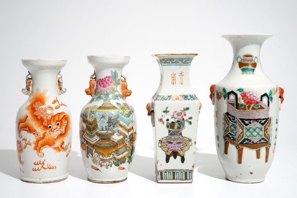 Four Chinese qianjiang cai and famille rose vases, 19th C.