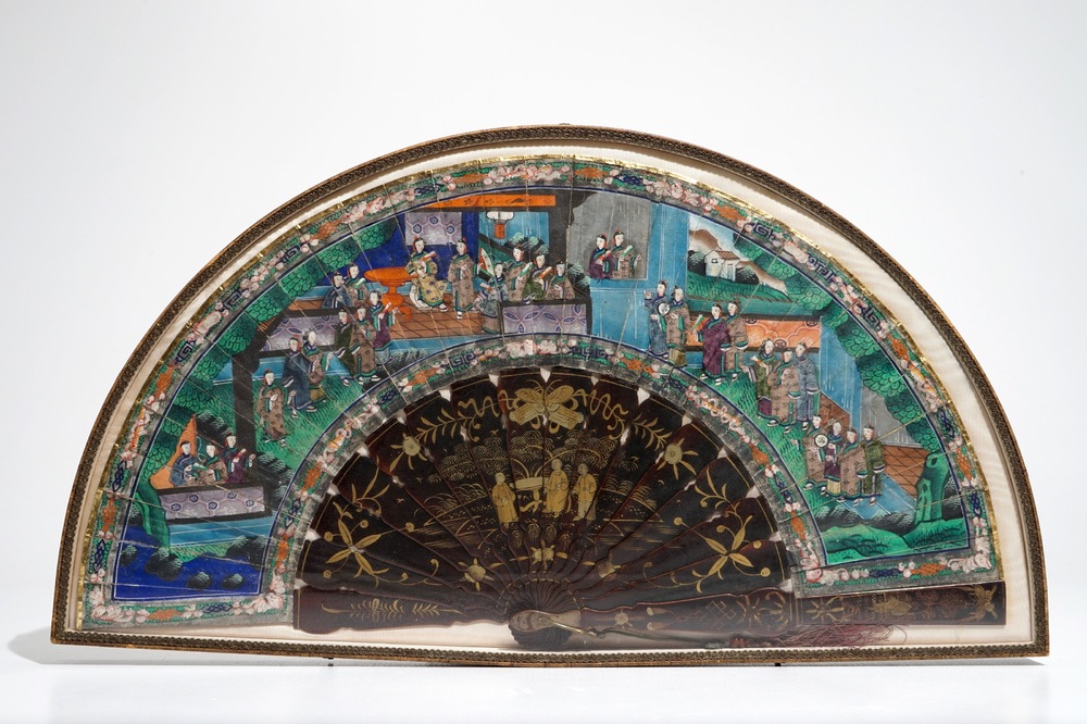 A framed Chinese gilt lacquer and painted paper fan, Canton, 19th C.