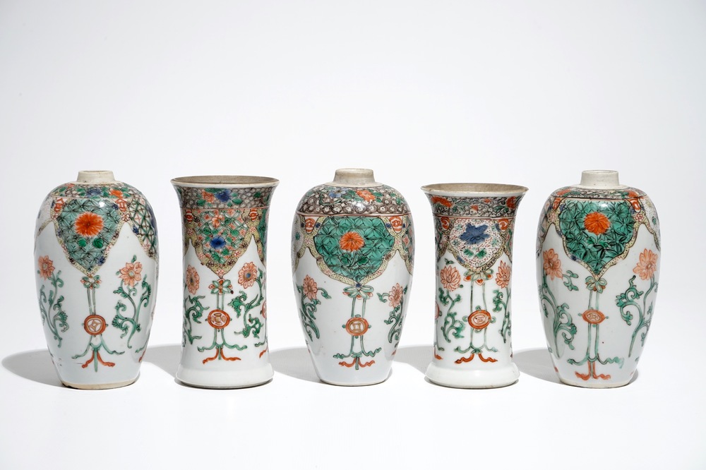 A Chinese famille verte five-piece garniture, Kangxi