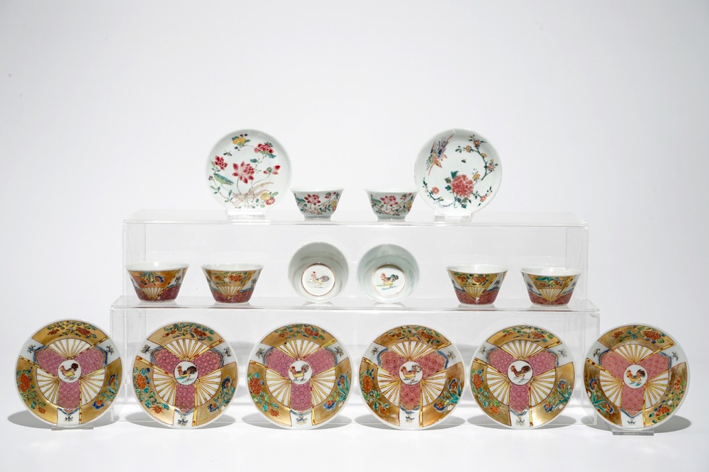A set of six and a pair of Chinese famille rose cups and saucers, Yongzheng/Qianlong