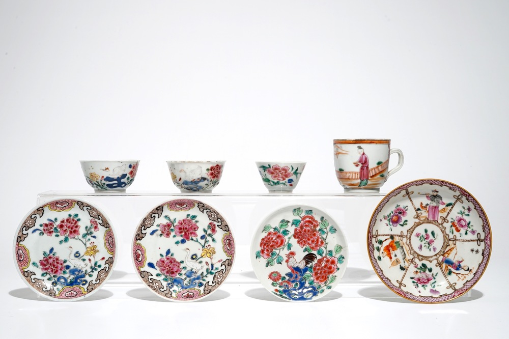 Four Chinese famille rose cups and saucers, Yongzheng/Qianlong