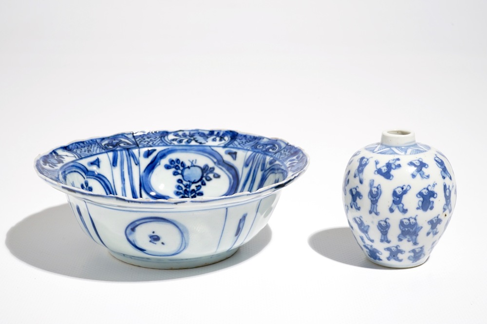 A Chinese blue and white klapmuts bowl, Wanli and a small globular '100 boys' vase, Kangxi mark, 19th C.