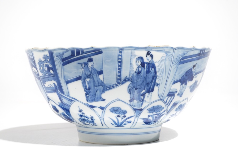 A Chinese blue and white moulded lotus-shaped bowl, Xuande mark, Kangxi