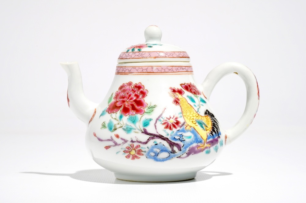 A Chinese famille rose rooster teapot and cover, Yongzheng