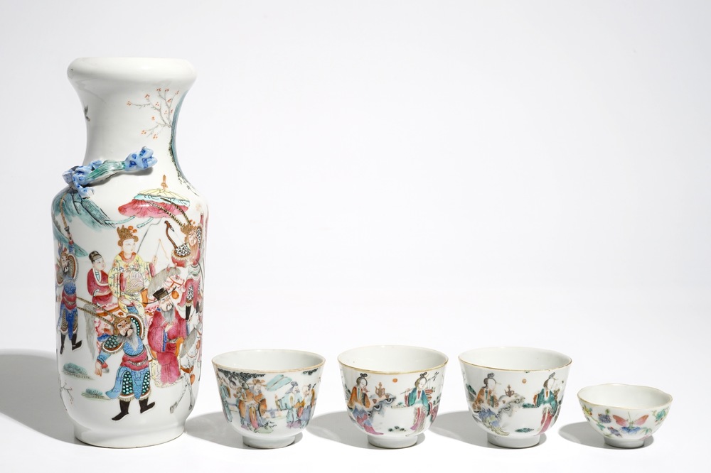 A Chinese famille rose vase and four cups, 19th C.