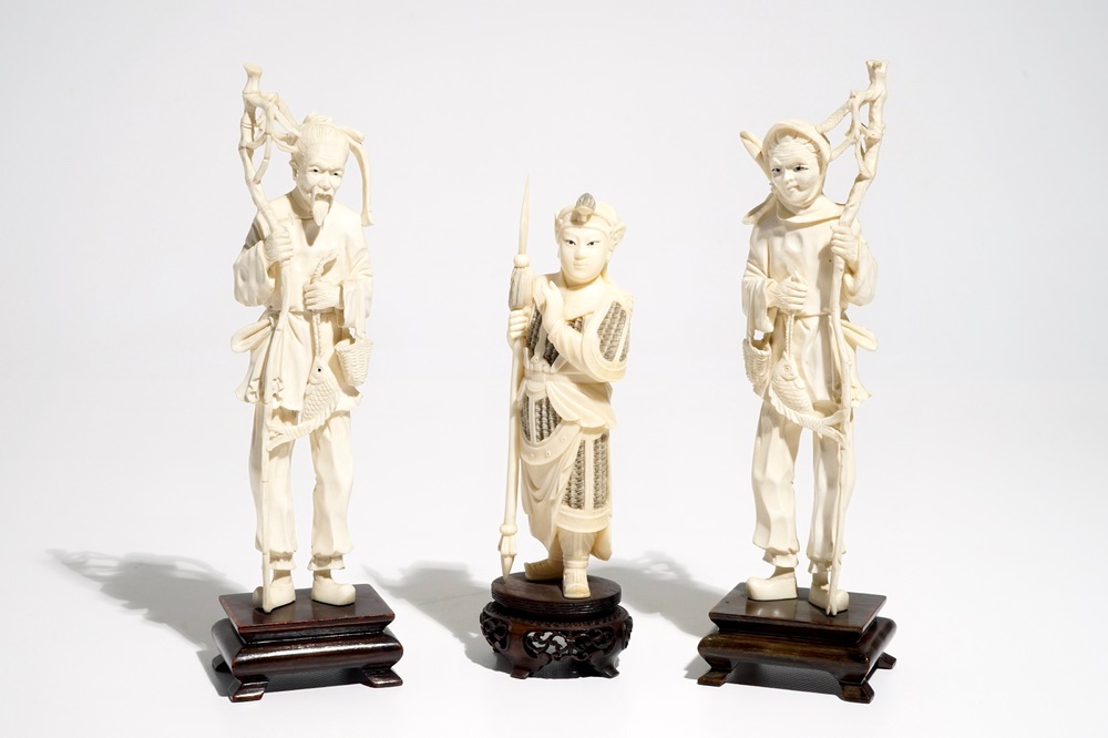 Three Chinese ivory figures on wooden bases, 1st half 20th C.