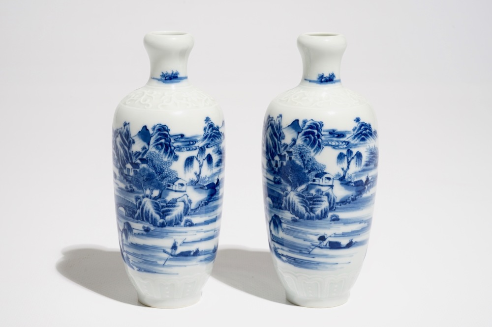 A pair of Chinese blue and white landscape vases, Qianlong mark, Republic, 20th C.