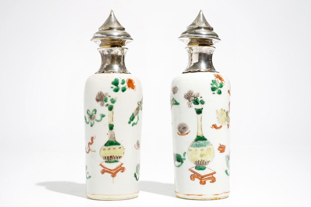 A pair of Chinese famille verte silver-mounted rouleau vases, Kangxi
