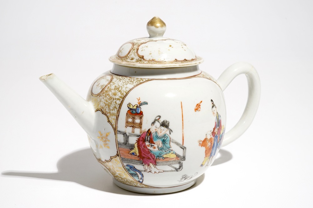 A Chinese famille rose mandarin teapot and cover, Qianlong