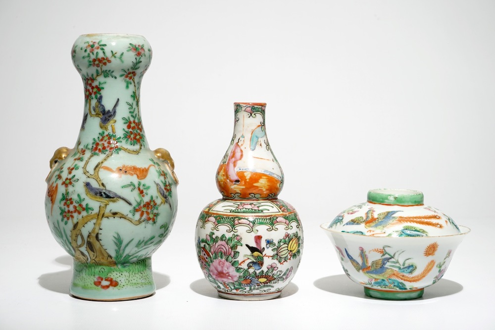 Two Chinese Canton famille rose vases and a covered bowl, 19th C.