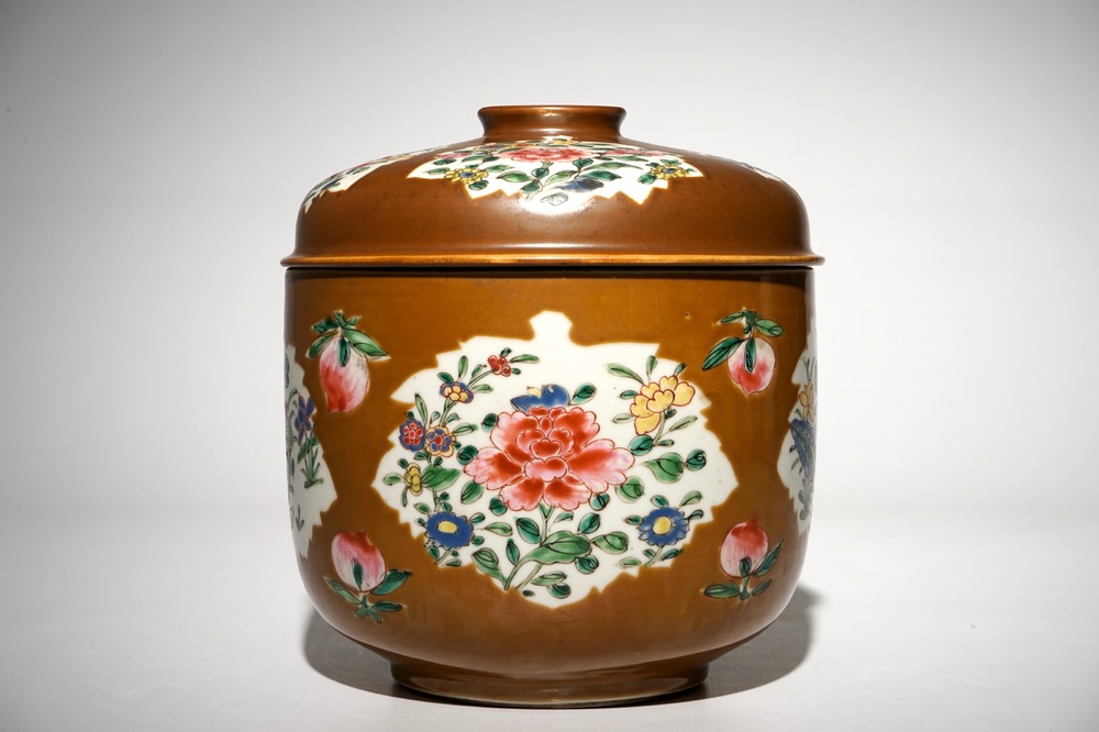 A large Chinese Batavian ware famille rose covered bowl, Qianlong