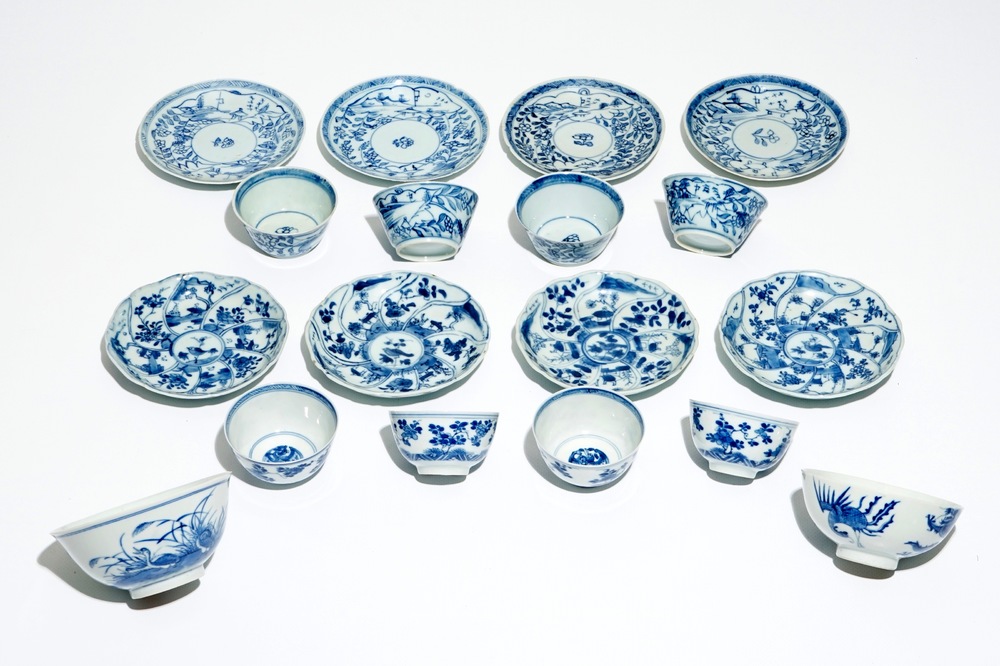 Eight Chinese blue and white cups and saucers and two bowls, Kangxi and later