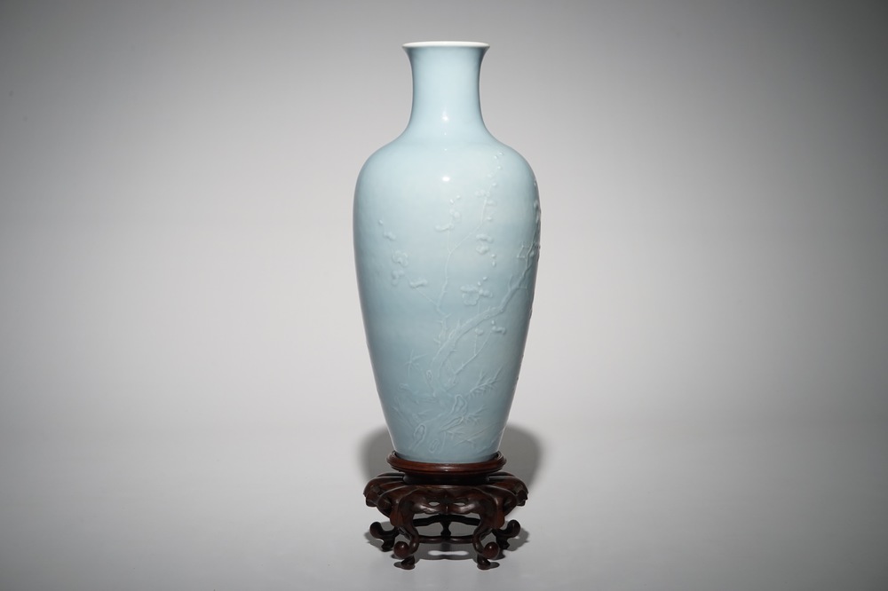 A Chinese monochrome lavender-blue vase with underglaze design, Yongzheng mark, 19th C.