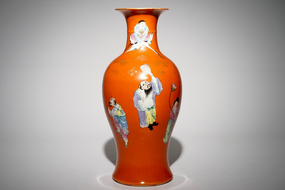 A Chinese coral-ground vase with immortals, Qianlong mark, Republic, 20th C.