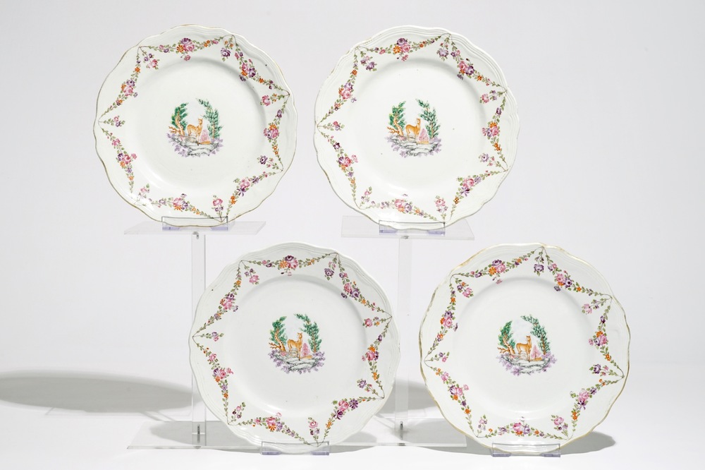 Four Chinese famille rose plates with a deer, Qianlong