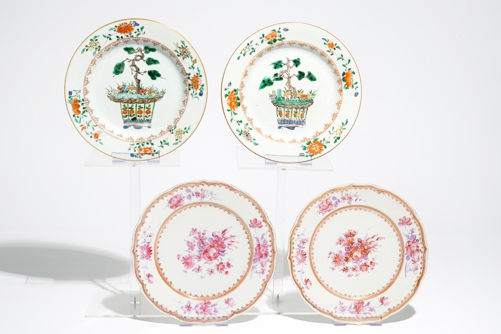 A pair of Chinese famille verte plates, Kangxi, and a pair of famille rose plates, Qianlong