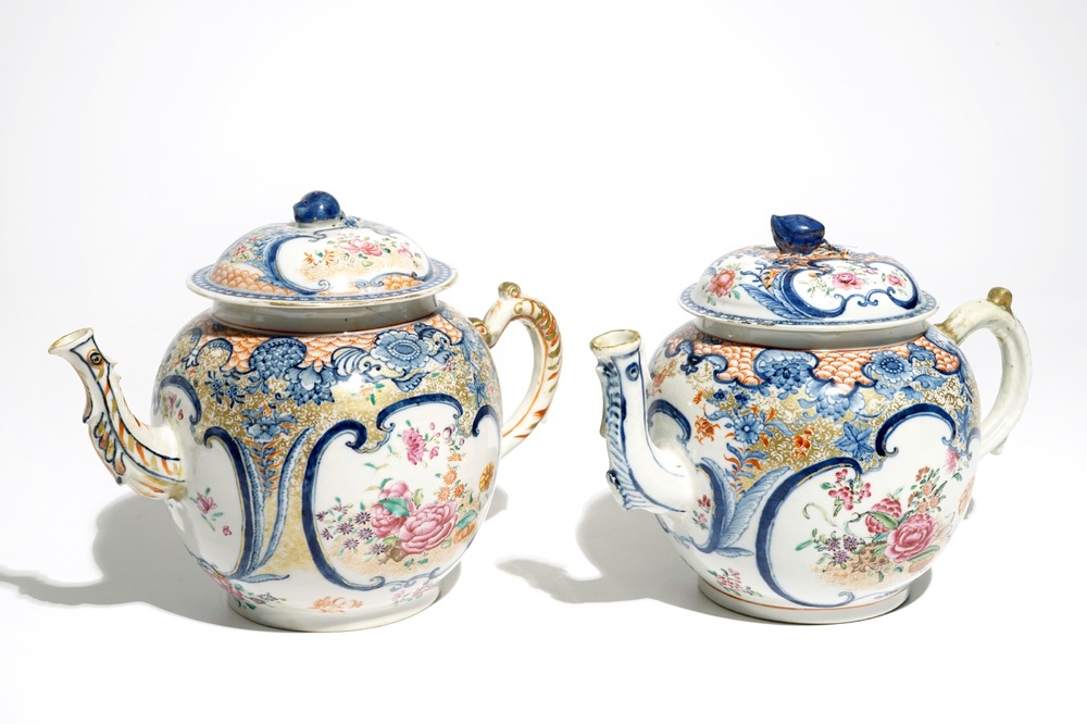 Two large Chinese famille rose teapots and covers, Qianlong