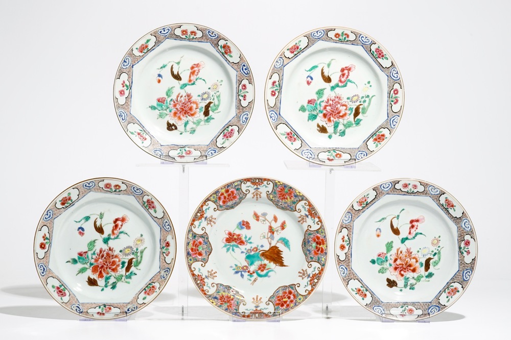 Five Chinese famille rose floral plates, Qianlong