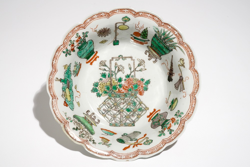 A Chinese famille verte lobed bowl with antiquities design, Kangxi