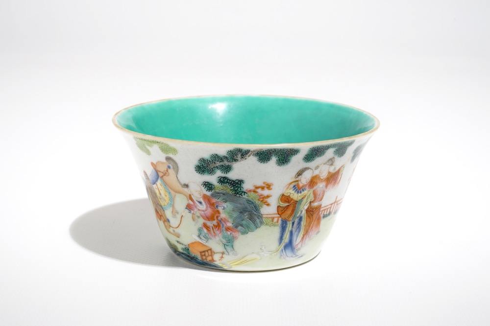 A small Chinese famille rose bowl with figural design, Jiaqing mark and period