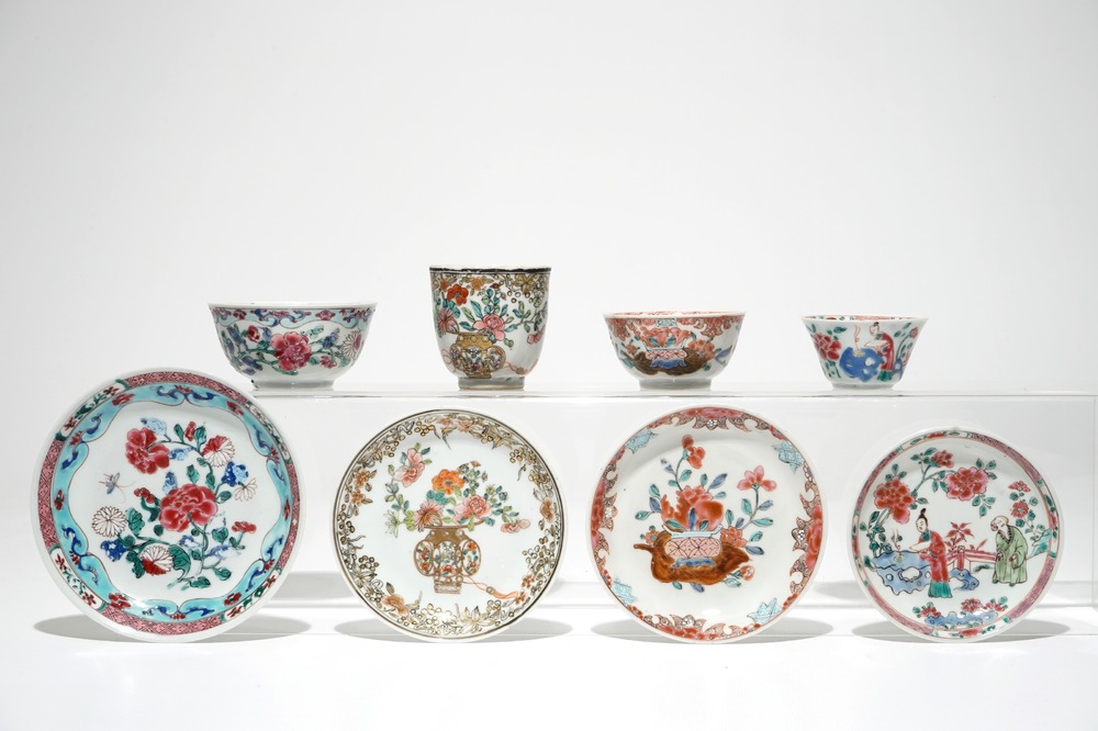 Four Chinese famille rose cups and saucers, Yongzheng/Qianlong