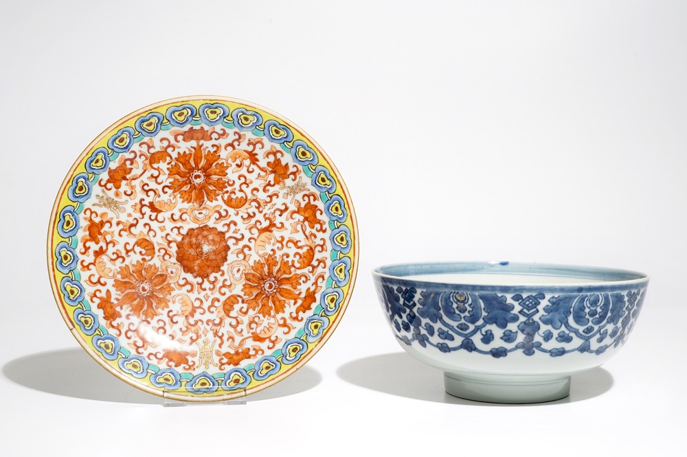 A Chinese blue and white bowl, Qianlong, and an iron red dish, 19th C.