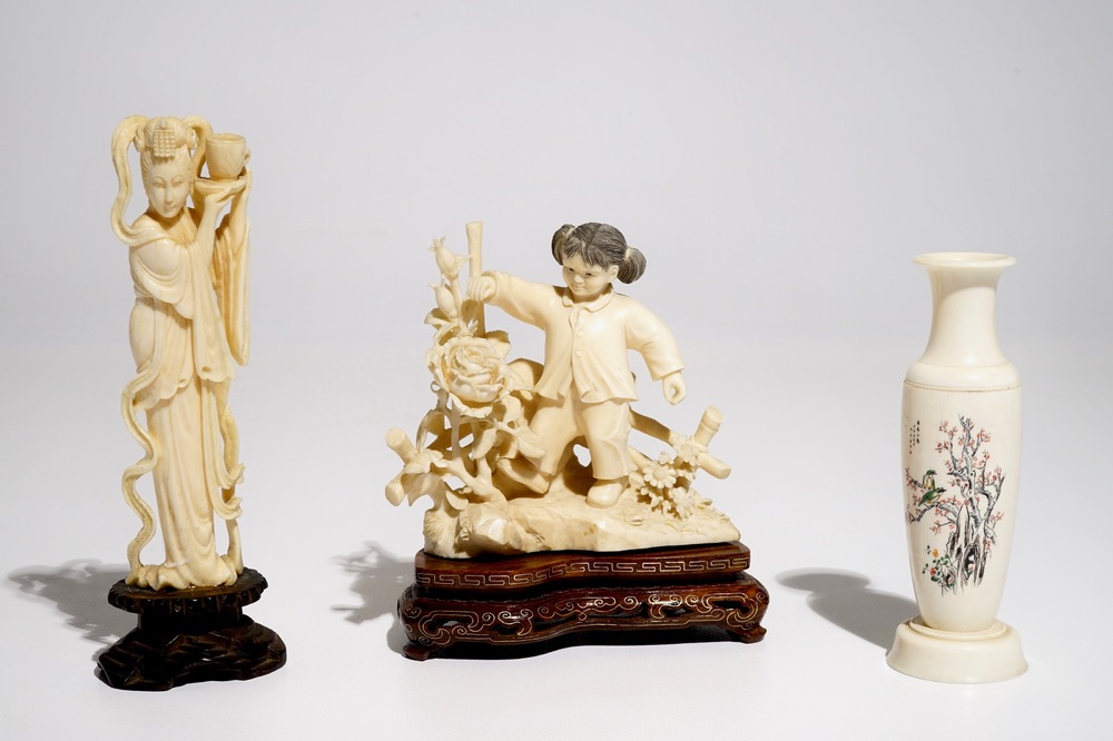 Two Chinese ivory figures and a vase, first half 20th C.