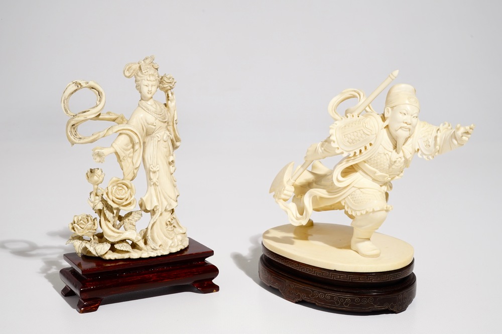 A Chinese ivory warrior and Chang'e on wooden stands, 19/20th C.