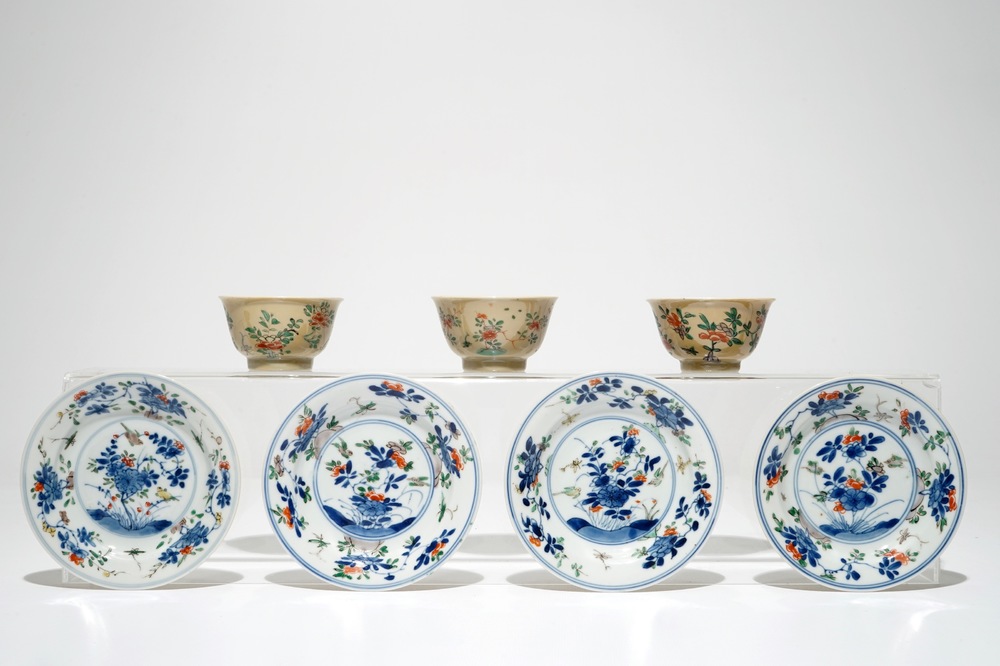 Three Chinese famille verte caf&eacute; au lait-ground cups and four saucers, Kangxi