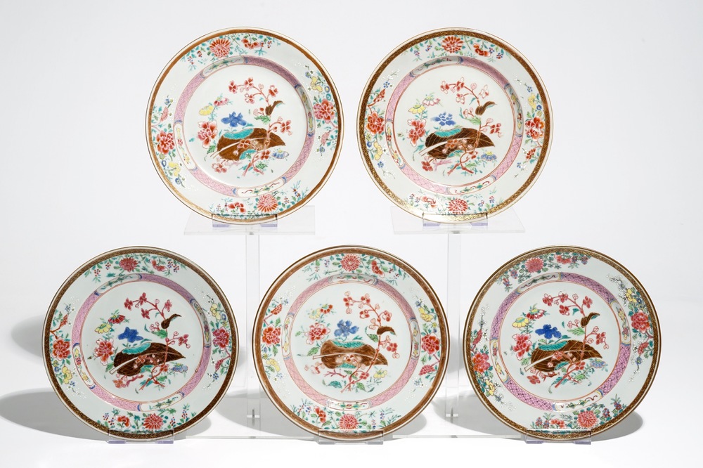 Five Chinese famille rose plates with floral design, Qianlong