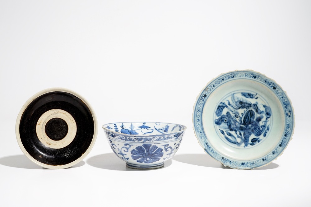 A Chinese blue and white bowl and a qilin plate, Ming, and a Cizhou plate, Jin/Song
