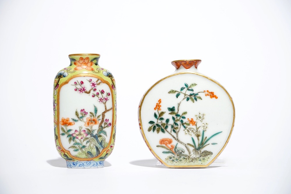 Two Chinese famille rose snuff bottles, Qianlong marks, 19/20th C.