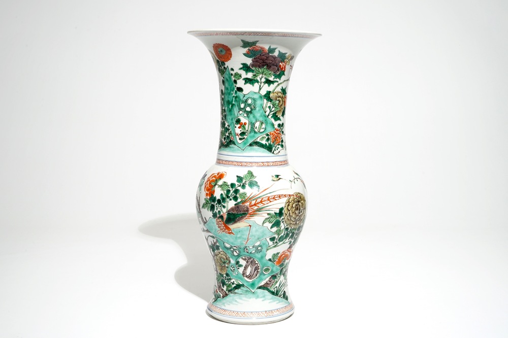 A Chinese famille verte yenyen vase with birds and flowers, Kangxi