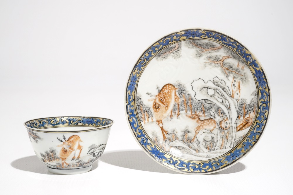 A Chinese anhua decorated cup and saucer with polychrome deer design, Yongzheng