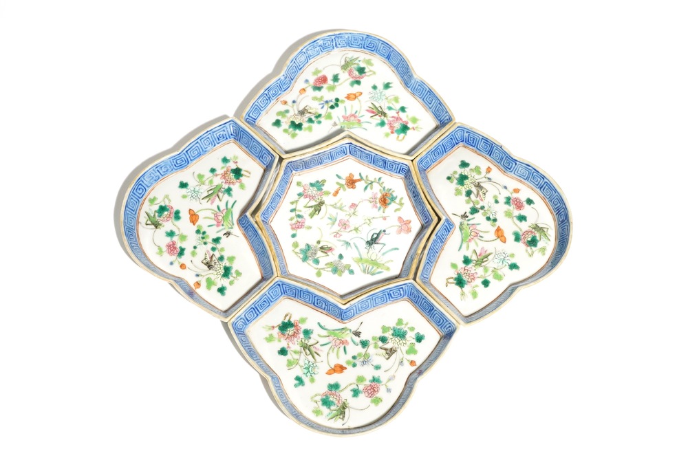 A Chinese famille rose sweetmeat or rice table set, 19th C.