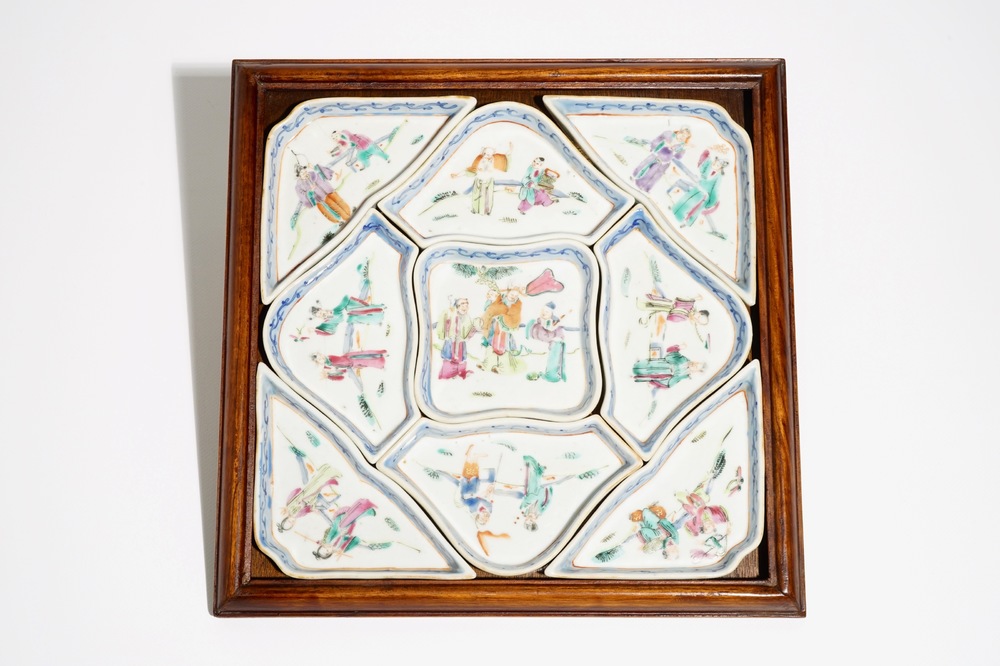 A Chinese famille rose sweetmeat or rice table set, 19th C.