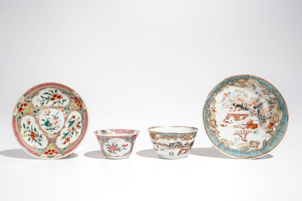 Two Chinese famille rose cups and saucers, Yongzheng/Qianlong
