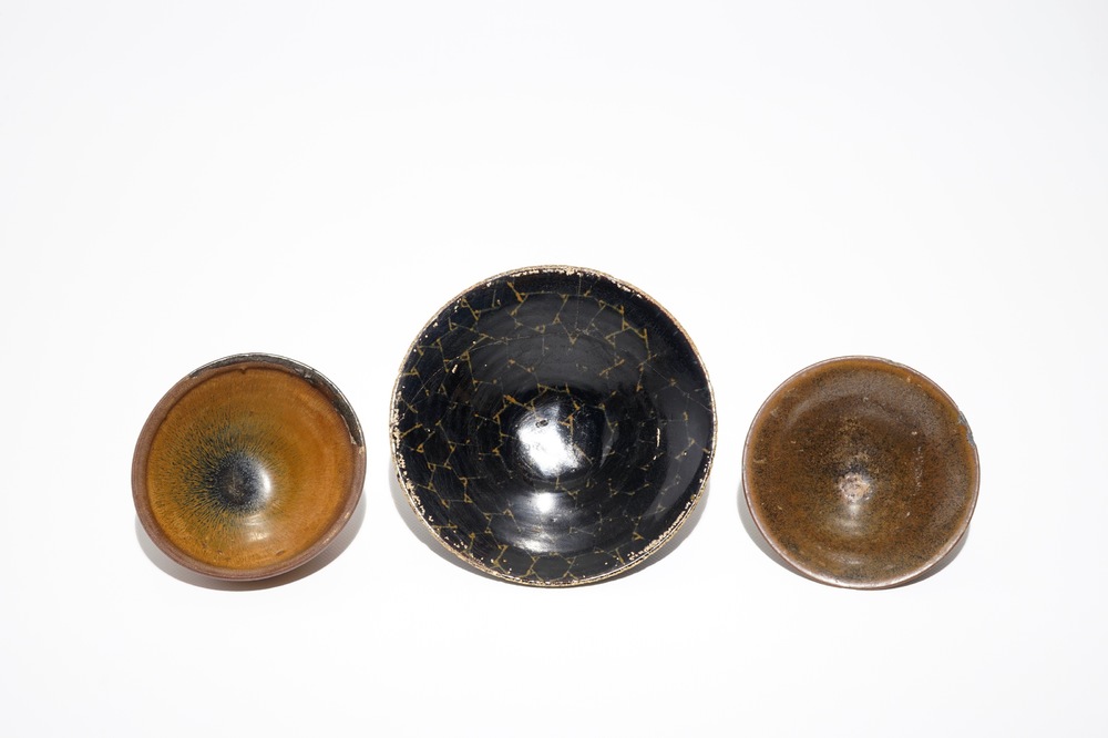Two Chinese Jian hare's fur tea bowls and a bowl with broken ice design, prob. Song
