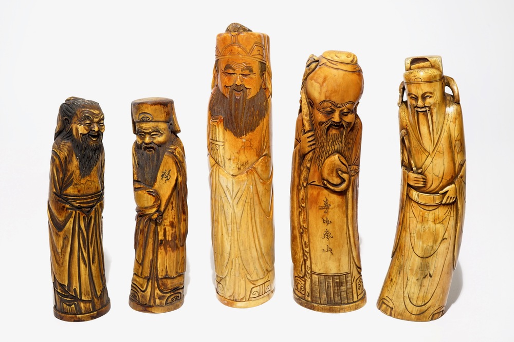 Five Chinese ivory models of immortals, 19/20th C.