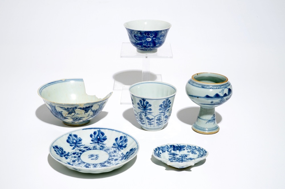Various Chinese blue and white bowls and a cup and saucer, Ming, Kangxi and Qianlong