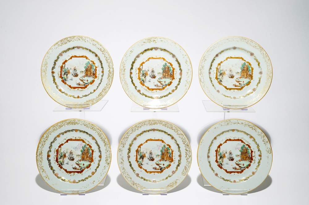 Six assiettes en porcelaine de Chine de style Meissen, Qianlong