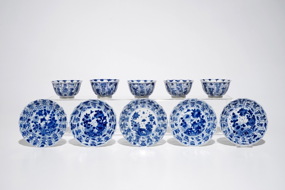 Five Chinese blue and white cups and saucers, Kangxi