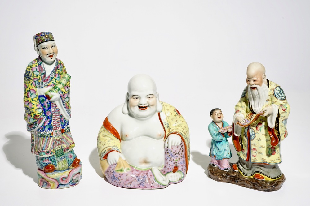 Three various Chinese famille rose figures, 19/20th C.
