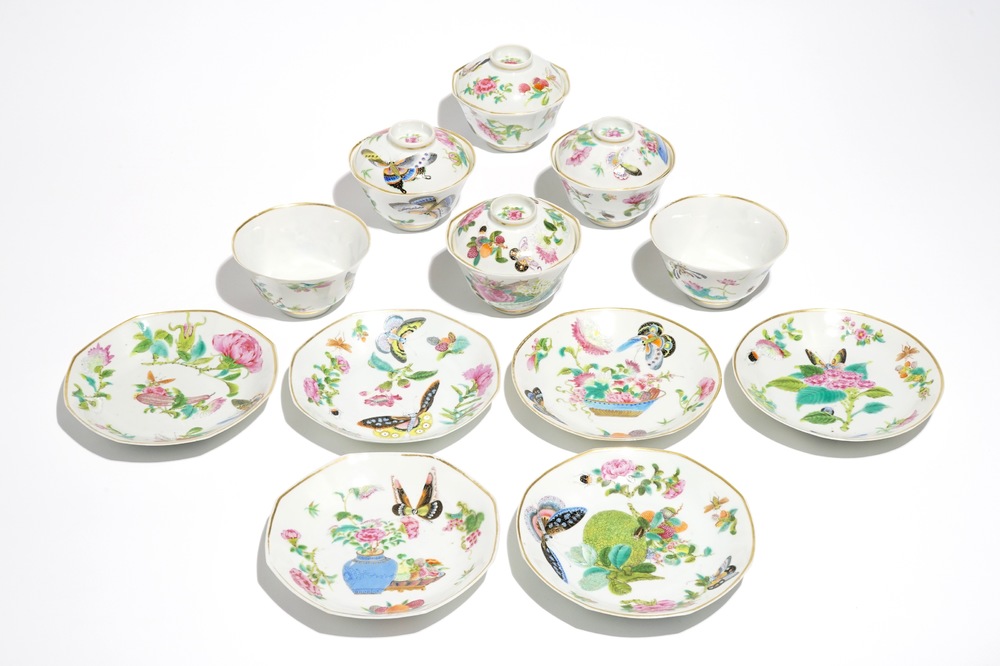 Six Chinese Canton famille rose cups and saucers with four covers, 19th C.