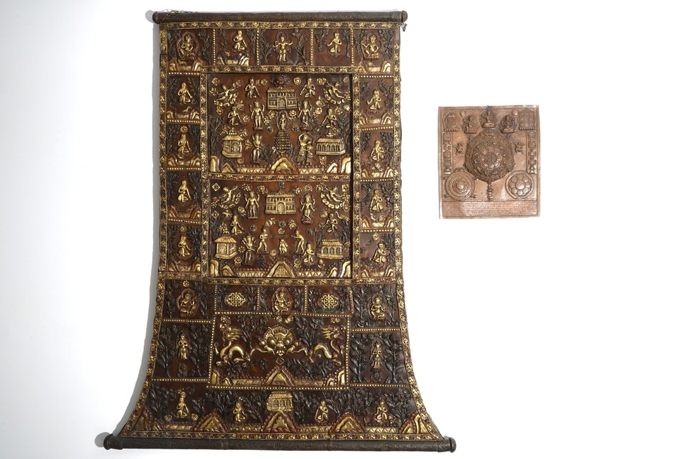 Two Tibetan bronze and copper alloy votive thangka panels, 19/20th C.