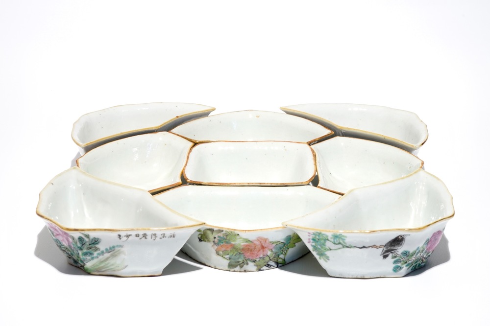 A Chinese qianjiang cai sweetmeat or rice table set with birds among flowers, 19th C.