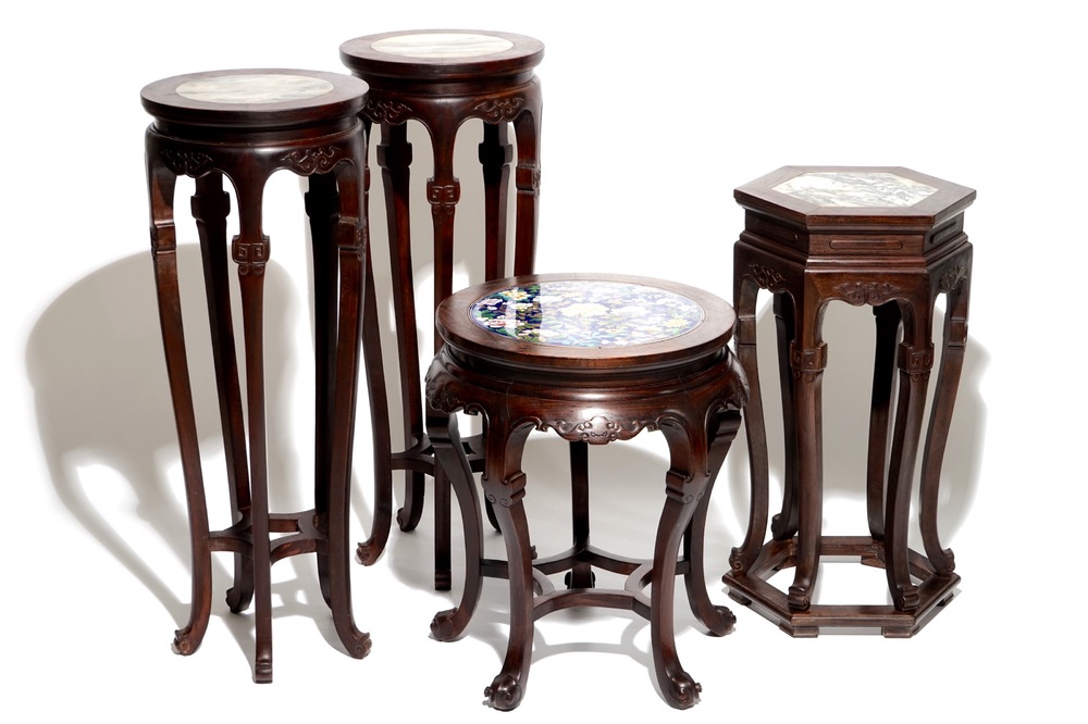 Four Chinese dreamstone and cloisonn&eacute; inset wood stands, 19/20th C.