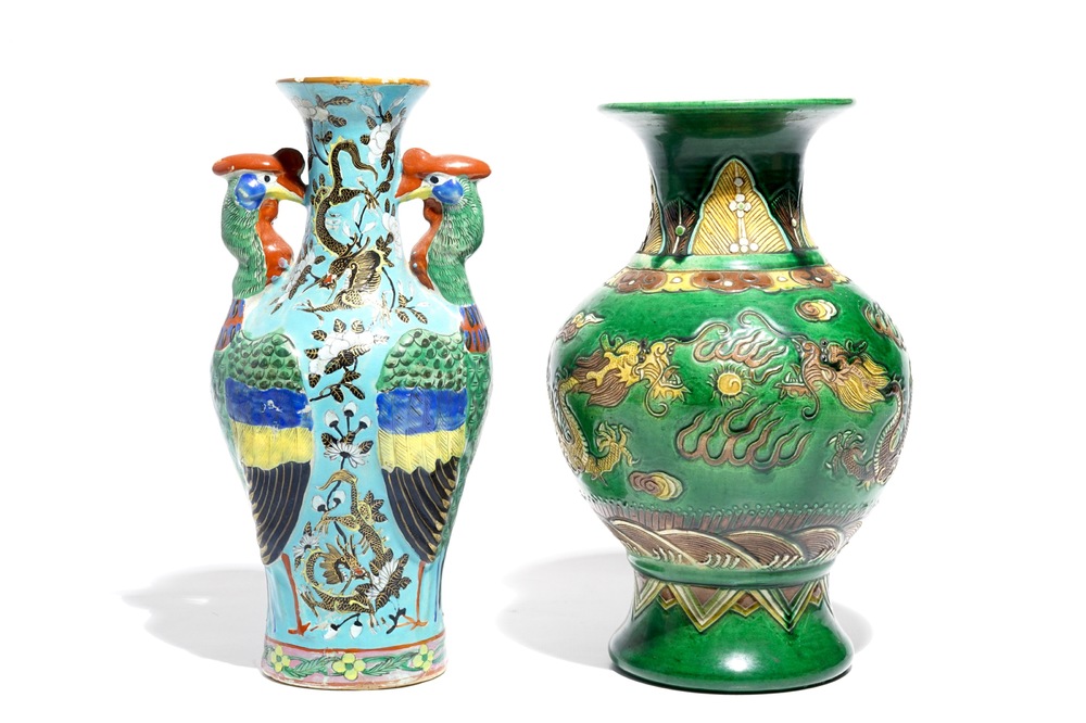 A Chinese Dayazhai-style vase with phoenix handles and a green-glazed dragon vase, 19/20th C.