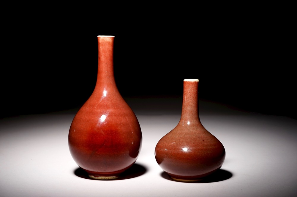 Two Chinese monochrome red vases, Xuande mark, 18/19th C.
